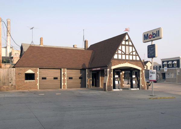 This Tudor Revival-style Wadhams Service Station at 302 Ellis Street opened in 1931. The Kewaunee Enterprise proclaimed it a "very fine improvement in the business section of the city."