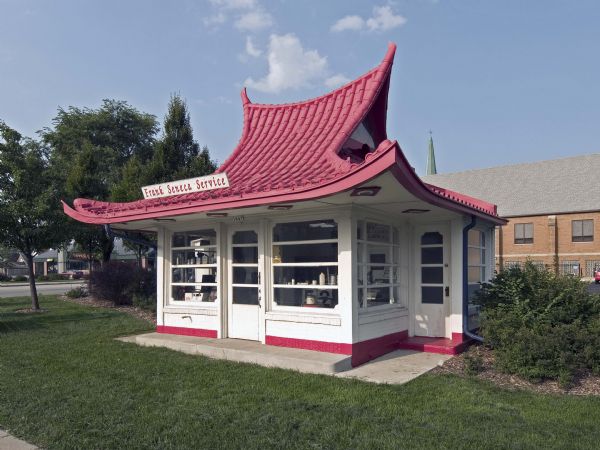 Built in 1927, this small Wadhams station, located at 1647 South Seventy-sixth Street, is one of a handful of the company's signature pagoda stations still standing.