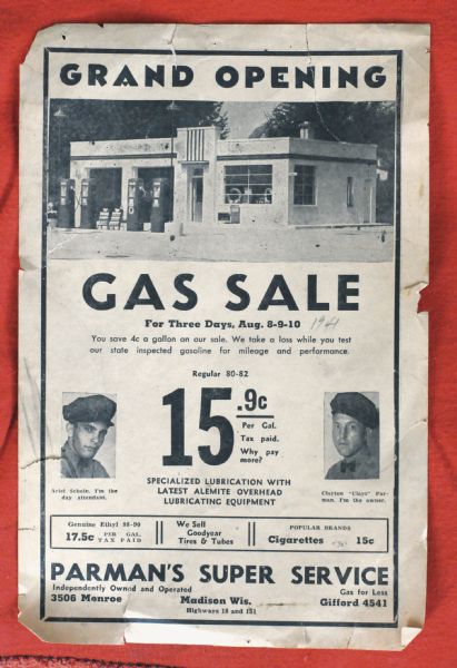 Advertisement for the Parman Brothers Super Service Station grand opening featuring their dad and the station he built.