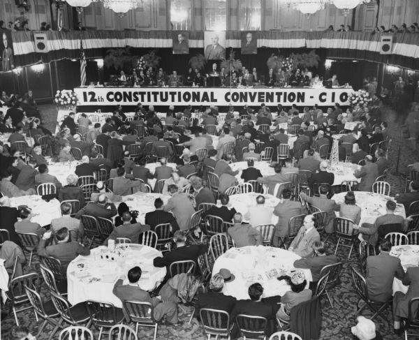 Elevated view of the annual convention of the Congress of Industrial Organizations at the Palmer House hotel.