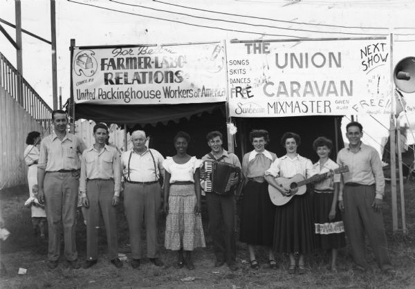 To foster better farmer-labor union relations, members of United Packinghouse Workers locals 8 and 169 organized a singing caravan that performed at fairs in Nebraska.