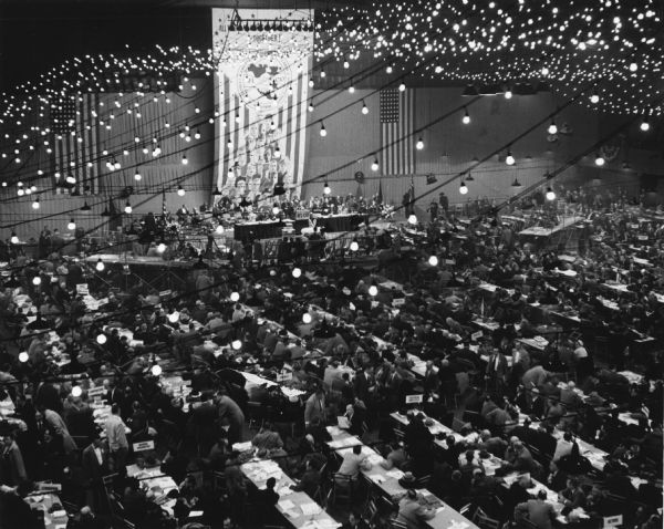 Elevated view of the first national convention after the merger of the American Federation of Labor and the Congress of Industrial Organizations.