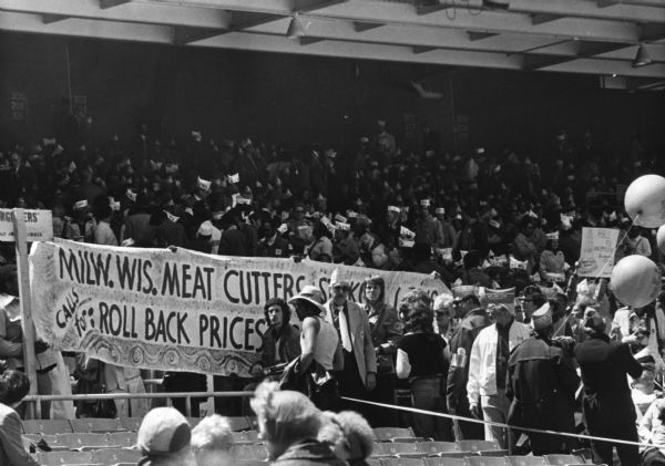 Banner displayed by Milwaukee's Amalgamated Meatcutters locals at the Jobs Now Rally sponsored by the AFL-CIO in R.F. Kennedy Stadium.