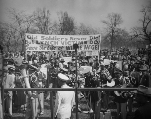 An unidentified rally in support of the rights of Willie McGee who was convicted of raping a white woman in 1945. His case attracted the attention of many prominent civil rights advocates and his execution was delayed until 1950 when the U.S. Supreme Court refused to review his appeal. McGee was executed in Mississippi in 1951.