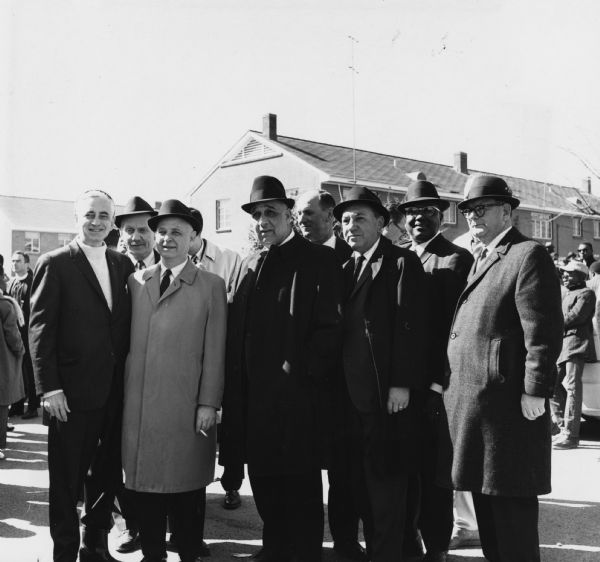 Ralph Helstein (second from the left), the president of the United Packinghouse Workers of America, with other union leaders on the first day of the civil rights march from Selma to Montgomery, Alabama. The other men include, (left to right) James Carey, president of the International Union of Electrical, Radio, and Machine Workers (IUE), Jesse Posten of UPWA, Russell R. Lasley, a vice-president of UPWA, William E. Pollard of the AFL-CIO civil rights department, Max Greenberg, president of the Retail, Wholesale, and Department Store Union (RWDSU), and David Sullivan of the Building Service Employees.