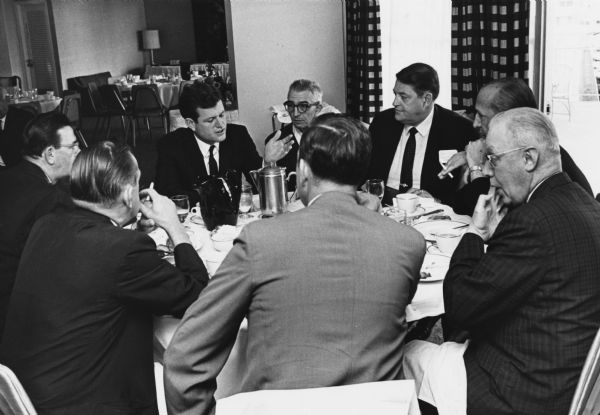 Senator Edward Kennedy of Massachusetts at a breakfast meeting with a group of labor leaders.