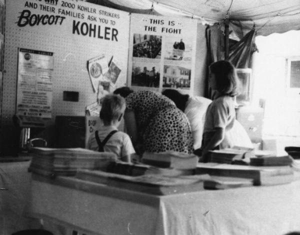 The strike against the Kohler Company, which began in 1954, was one of the longest strikes in American history. Many of the strikers' fellow unionists supported their cause by means of boycott efforts such as this display at an unidentified fair booth sent to the office of the United Packinghouse Workers of America.