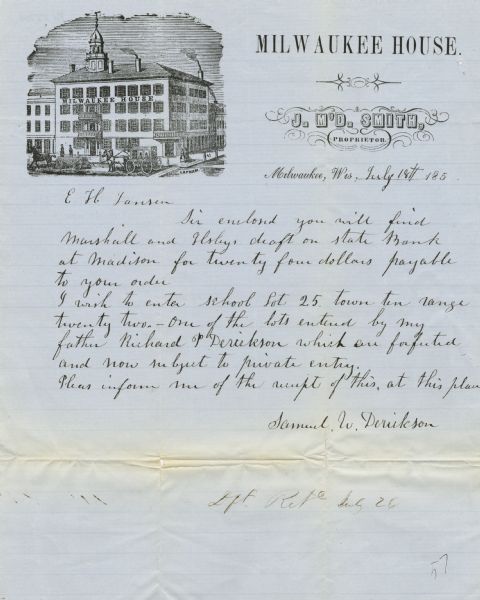 Letter on stationery featuring an engraving of an exterior view of the Milwaukee House showing horse-drawn vehicles and people standing on the sidewalk in front of the hotel.