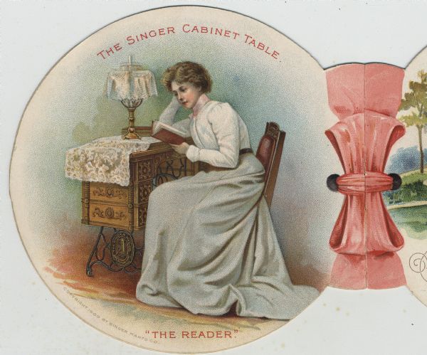 "The Reader," an illustration of a woman reading while seated at a lace-covered sewing machine cabinet. The illustration was part of "The Universal Sewing Machine," a brochure issued by the Singer Sewing Machine Company for the Pan-American Exposition of 1901.