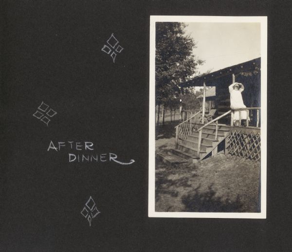Delia Drew King sits on the porch of her family's cottage on Lake Flora Dell. "After Dinner" is written on the left.