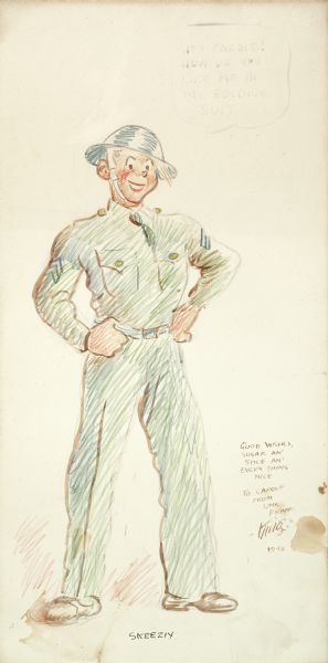 A pen and watercolor drawing of "Skeezix," a character from King's <i>Gasoline Alley</i>. The cartoon was drawn for King's niece, Carole, and reads, "Good wishes, sugar an' spice an' every thing nice. To Carole from Unk Frank."