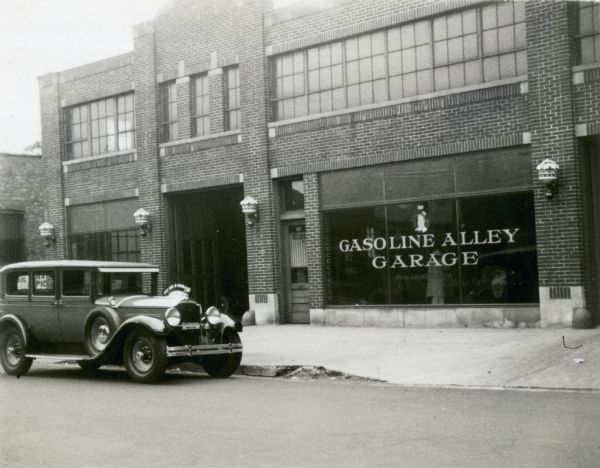 Exterior view of the Gasoline Alley Garage. Presumably the inspiration for Frank O. King's cartoon <i>Gasoline Alley</i>.