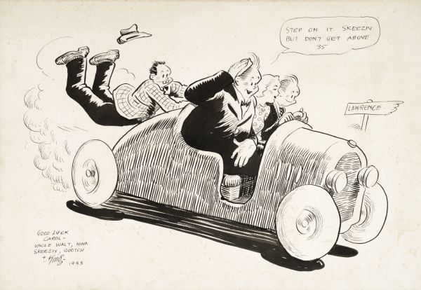Four cartoon characters drive a car towards Lawrence University. King made this cartoon for his niece Carole, who attended Lawrence College from 1941-1945.