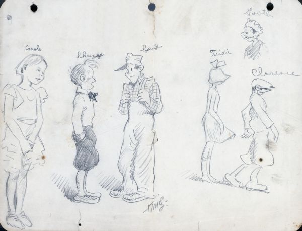 Sketches by Frank King of his <i>Gasoline Alley</i> characters. The characters are, from left to right: Carole, Skeezix, Spud, Trixie, Gooth, and Clarence.