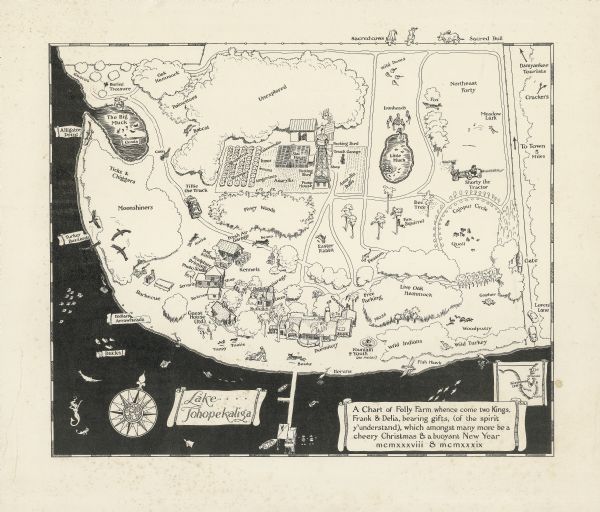 A pen drawing, in the style of a birds-eye map, of Frank and Delia King's estate <i>Folly Farm</i> in Kissimee, Florida.
