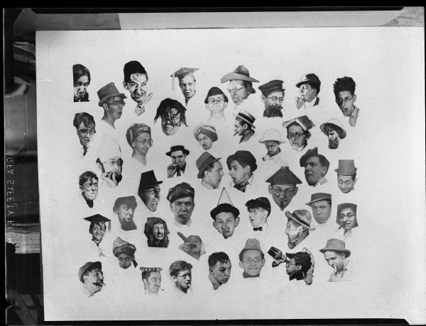 Photograph-montage of many of Gauer's character photographs taken throughout the 1930s and 1940s. This was done at Bloch's request to help his new California friends understand the "History": their collaborative scrapbooks.