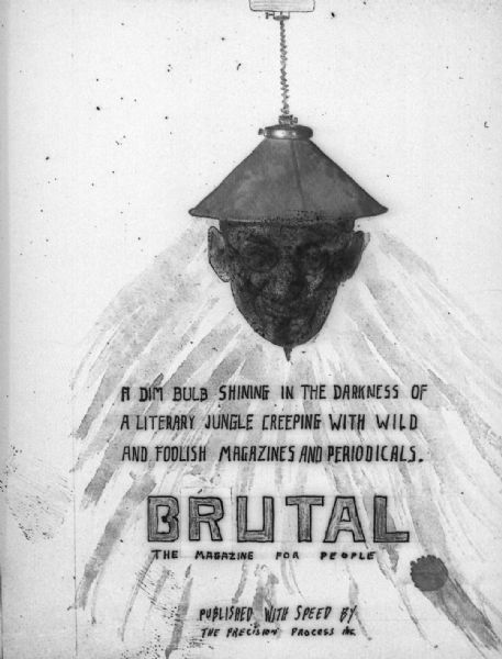 Bloch with a lampshade on his head and "oriental" Asian make-up for an advertisement in <i>Brutal</i> magazine. <i>Brutal</i> was a "one-copy" magazine of four issues produced by Gauer and Bloch from scrapbook information and other group input.