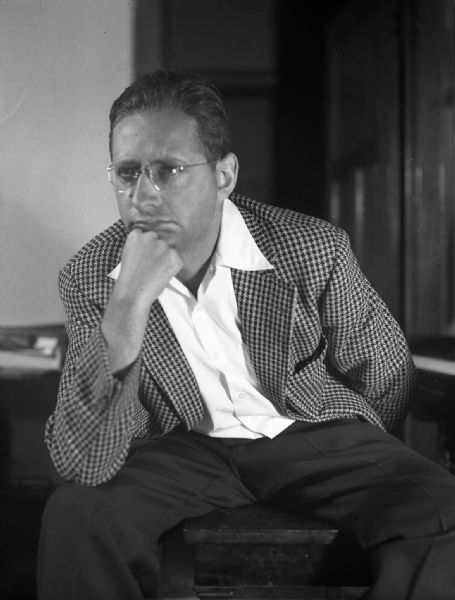 Bloch in a pensive pose pondering his recent actions of leaving the Gus Marx agency and moving to Weyawega, Wisconsin (his wife's hometown), to concentrate on writing in an inexpensive area.