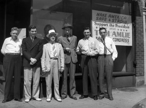 Tom Amlie with supporters and staff taken outside of headquarters. Ed Brown was a "fixer" sent by the party heads in Washington, D.C. Some of the unknown people in the photograph were neighbors.