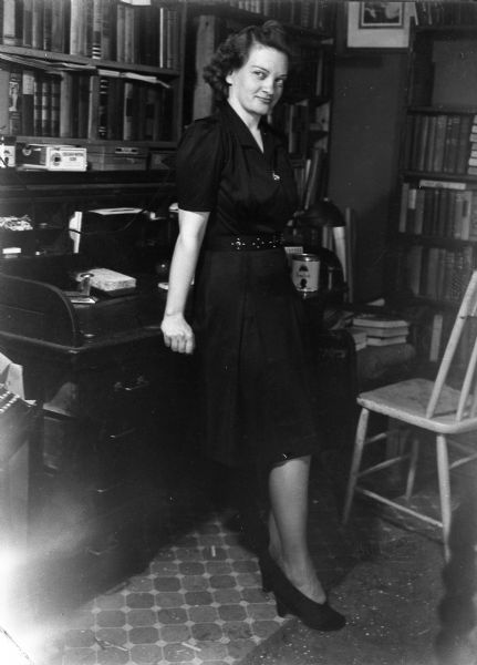 "Formal" full-length portrait of Bedard in the Brady Street "Lab." Harold Gauer states she was, "...a sweet and reserved girl, with no pretense whatsoever."