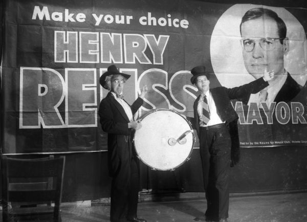 Record photograph for the stage as it appeared during the Reuss For Mayor campaign. Second person was an unknown ad agency man sent to help "stump" for the politician. Reuss was defeated by Frank Zeidler (brother of Carl) who went on to hold office for three terms.
