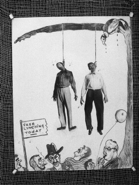 Amusing montage of photography and artwork showing Robert Bloch and Harold Gauer hanging from a tree. Done for "The History."