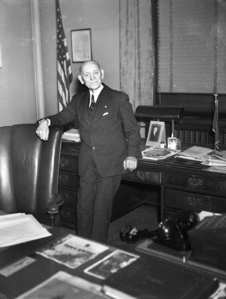 Taken as a possible campaign photograph, this is a picture of Mayor John Bohn, who replaced Carl Zeidler when he left for World War II. Bohn was then reelected for another term at the end of the period, but decided not to run again after that term was complete.