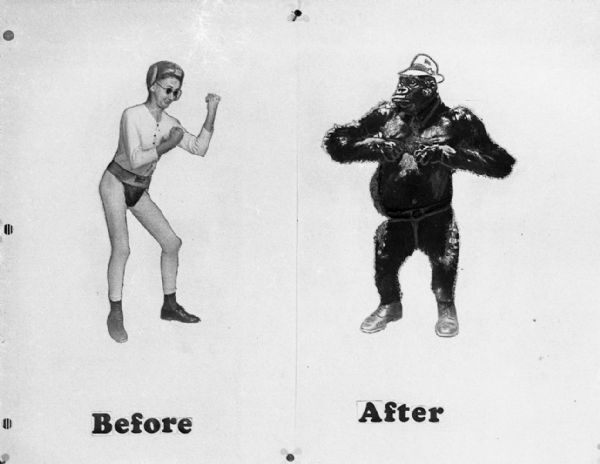 A before and after depiction, perhaps a collage, where the "before" is a man wearing boxing gear, including a helmet and a jockstrap, and the "after" is a gorilla wearing a hat, belt and shoes.