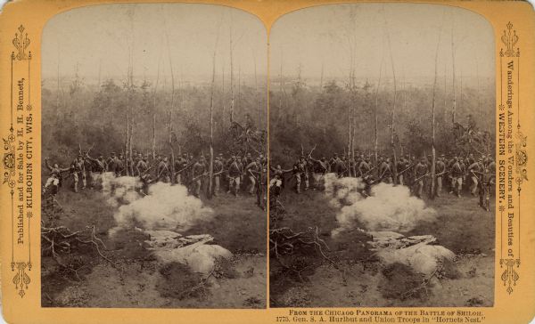 A stereograph view of a cyclorama of the Battle of Shiloh. Caption on stereograph reads: "Gen. S.A. Hurlbut and Union Troops in 'Hornets Nest.'" Text at right: "Wanderings Among the Wonders and Beauties of Western Scenery."