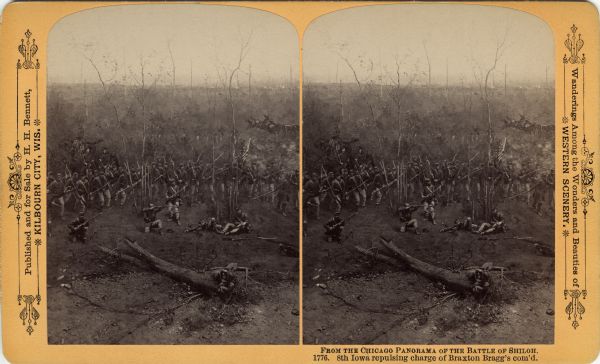 A stereograph view of a cyclorama of the Battle of Shiloh. Caption on stereograph reads: "8th Iowa repulsing charge of Braxton Bragg's com'd." Text at right: "Wanderings Among the Wonders and Beauties of Western Scenery."