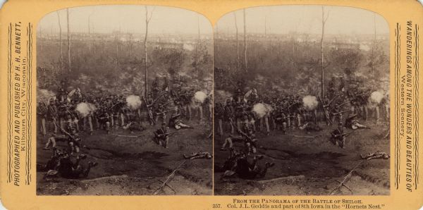 A stereograph view of a cyclorama of the Battle of Shiloh. Caption on stereograph reads: "Col. J.L. Geddis and part of 8th Iowa in the 'Hornets Nest.'" Text at right: "Wanderings Among the Wonders and Beauties of Western Scenery."