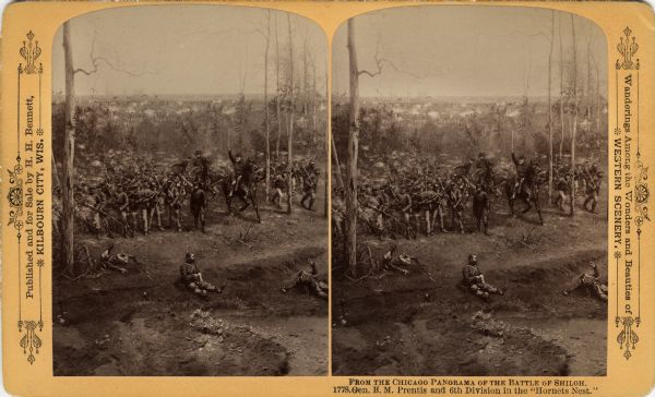 A stereograph view of a cyclorama of the Battle of Shiloh. Caption on stereograph reads: "Gen. B.M. Prentis and 6th Division in the 'Hornets Nest.'" Text at right: "Wanderings Among the Wonders and Beauties of Western Scenery."