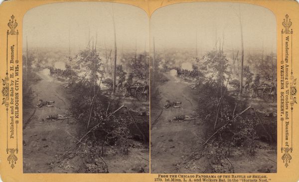A stereograph view of a cyclorama of the Battle of Shiloh. Caption on stereograph reads, "1st Minn. L.A. and Welkers Bat. in the 'Hornets Nest.'" Text at right: "Wanderings Among the Wonders and Beauties of Western Scenery."