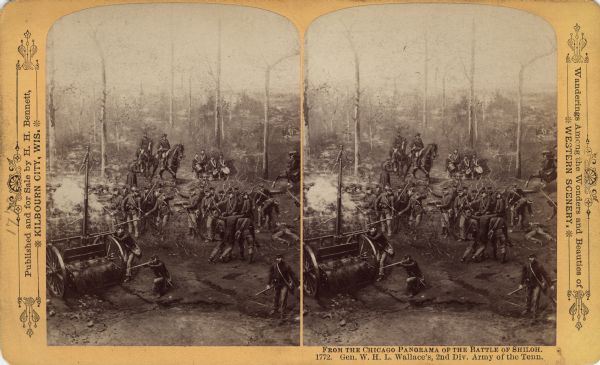 A stereograph view of a cyclorama of the Battle of Shiloh. Caption on stereograph reads, "Gen. W.H.L. Wallace's 2nd Div. Army of the Tenn." Text at right: "Wanderings Among the Wonders and Beauties of Western Scenery."