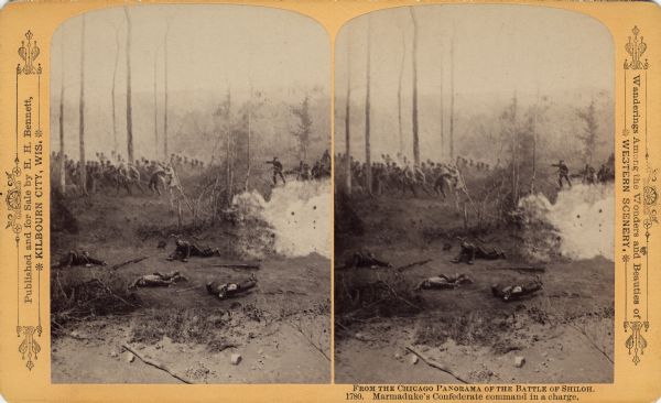 A stereograph view of a cyclorama of the Battle of Shiloh. Caption on stereograph reads: "Marmaduke's Confederate command in a charge." Text at right: "Wanderings Among the Wonders and Beauties of Western Scenery."