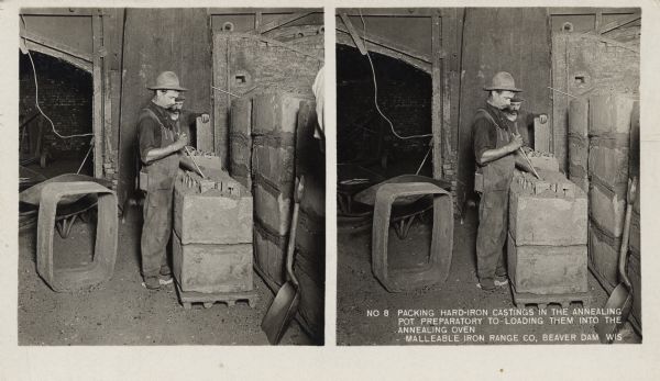 Two men pack castings to be heated in the annealing oven. Caption on stereograph reads, "No.8 Packing hard-iron castings in the annealing pot preparatory to loading them into the annealing oven. Malleable Iron Range Co, Beaver Dam, Wis."