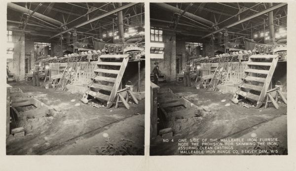 View of the furnace at Malleable Iron Range Company. Caption on stereograph reads, "No. 4 One side of the Malleable Iron furnace. Note the provision for skimming the iron, assuring clean castings. Malleable Iron Range Co, Beaver Dam, Wis."
