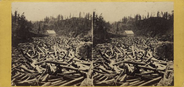 View of a log jam on a river. Caption on back of stereograph reads, "Dells of St. Croix, from series of Minnesota Views." There is a group of people posed in the lower portion of the image. This area became a state park on the Minnesota side of the river in 1895 and Wisconsin's first state park in 1900 (Interstate Park).