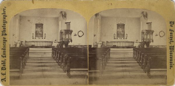 Interior view of Blue Mounds Church. Built in 1868, the church was originally named the Norsk Evangelisk Kirke.