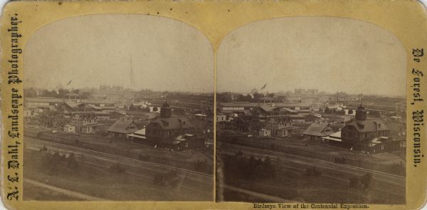 One of "Three different views of the World's Fair at Philadelphia" mentioned in Dahl's 1877 "Catalogue of Stereoscopic Views." On the stereograph itself is the caption "Bird's Eye View of the Centennial Exposition."