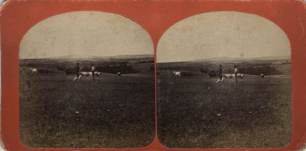Two men stand in a field with a dog, several cows, and a man in a horse-drawn buggy. In the far distance is Blue Mounds.
