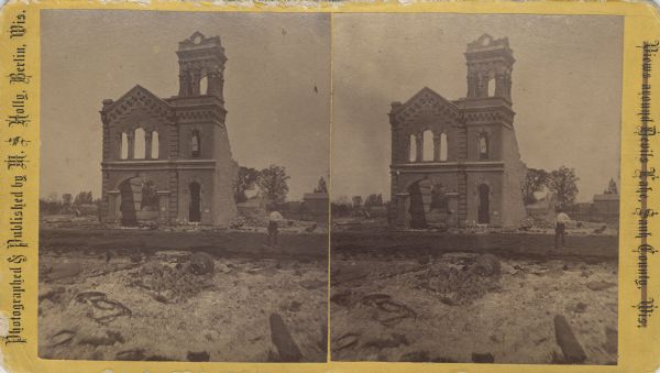 View of the ruins of a large, stone building. A man stands amidst the rubble and looks toward the camera. Caption on back of stereograph reads, "Oshkosh Ruins." "Phoenix House No. III."