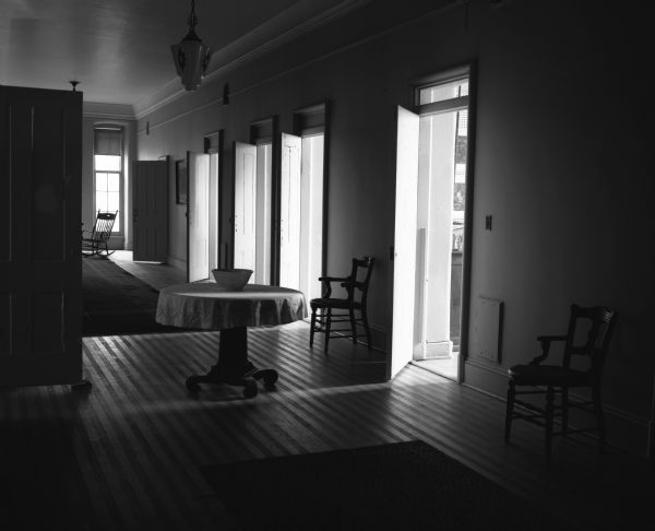 Interior view of a historically-restored hallway in the Mendota Mental Health Institute (Wisconsin State Hospital for the Insane).
