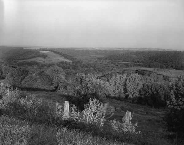 An elevated view, looking westward, of the Kickapoo River Valley.
