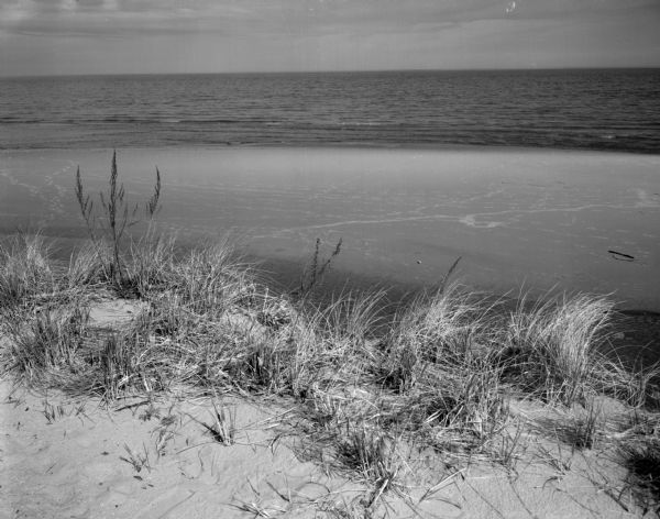 A detail of the sand dunes along the Lake Michigan shoreline looking out to the lake.