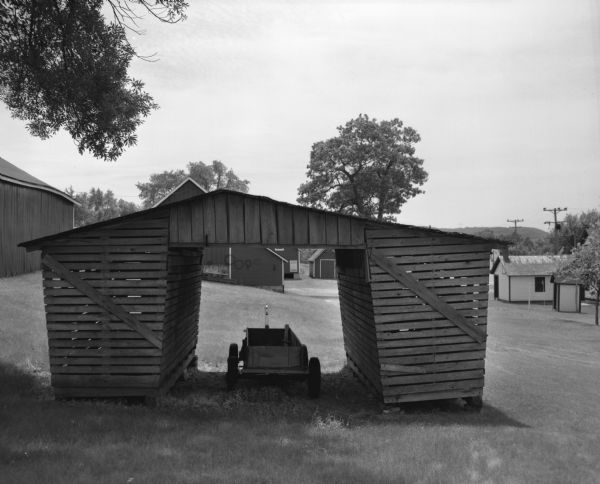 A corn crib that doubles as a wagon shelter on Mr. Breunig's farm.