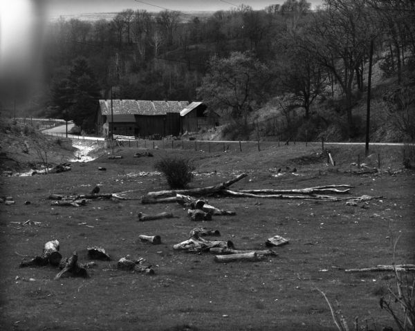 Pasture with logs near fence and road. On the other side of the road is a barn and farm buildings. In the background is a tree-lined ridge.