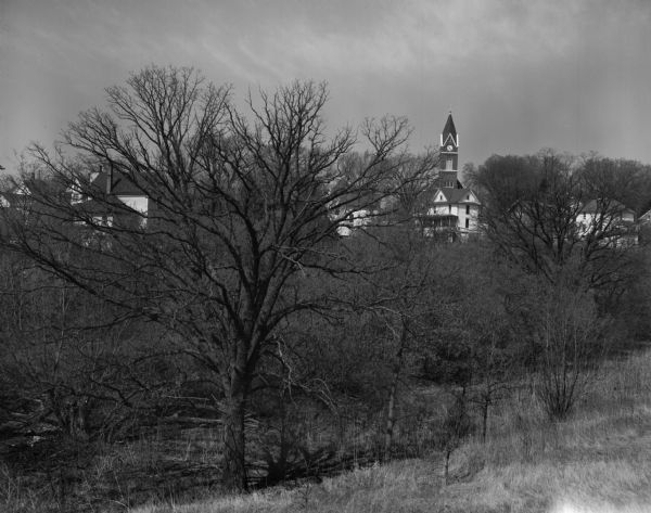 View from field of a small town skyline, as seen from across a hollow. A large tree stands in the foreground and a church steeple is prominent in the background.