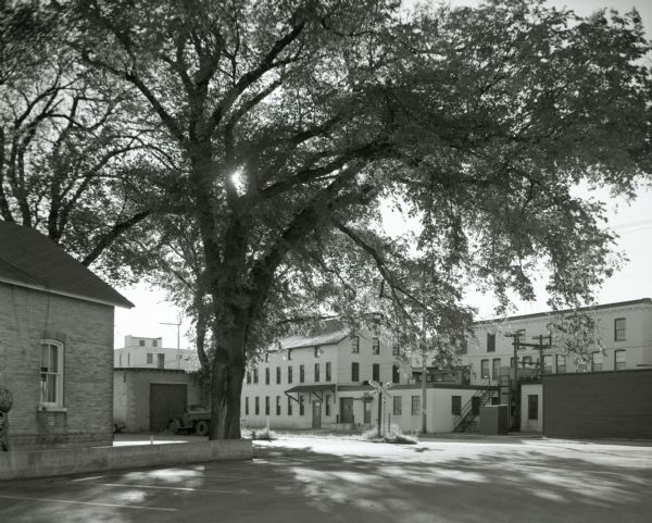 Exterior view of the factories at the corner of Thompson and Hullett Streets. A large tree grows at the curb.