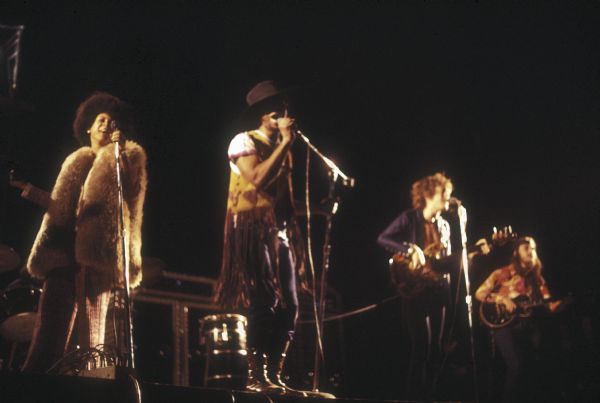 Singer Minnie Riperton performing with psychedelic soul band Rotary Connection on stage at the Sound Storm music festival. Pictured from left to right are Riperton, vocalist Sidney Barnes, bassist Mitch Aliotta, and guitarist Bobby Simms.